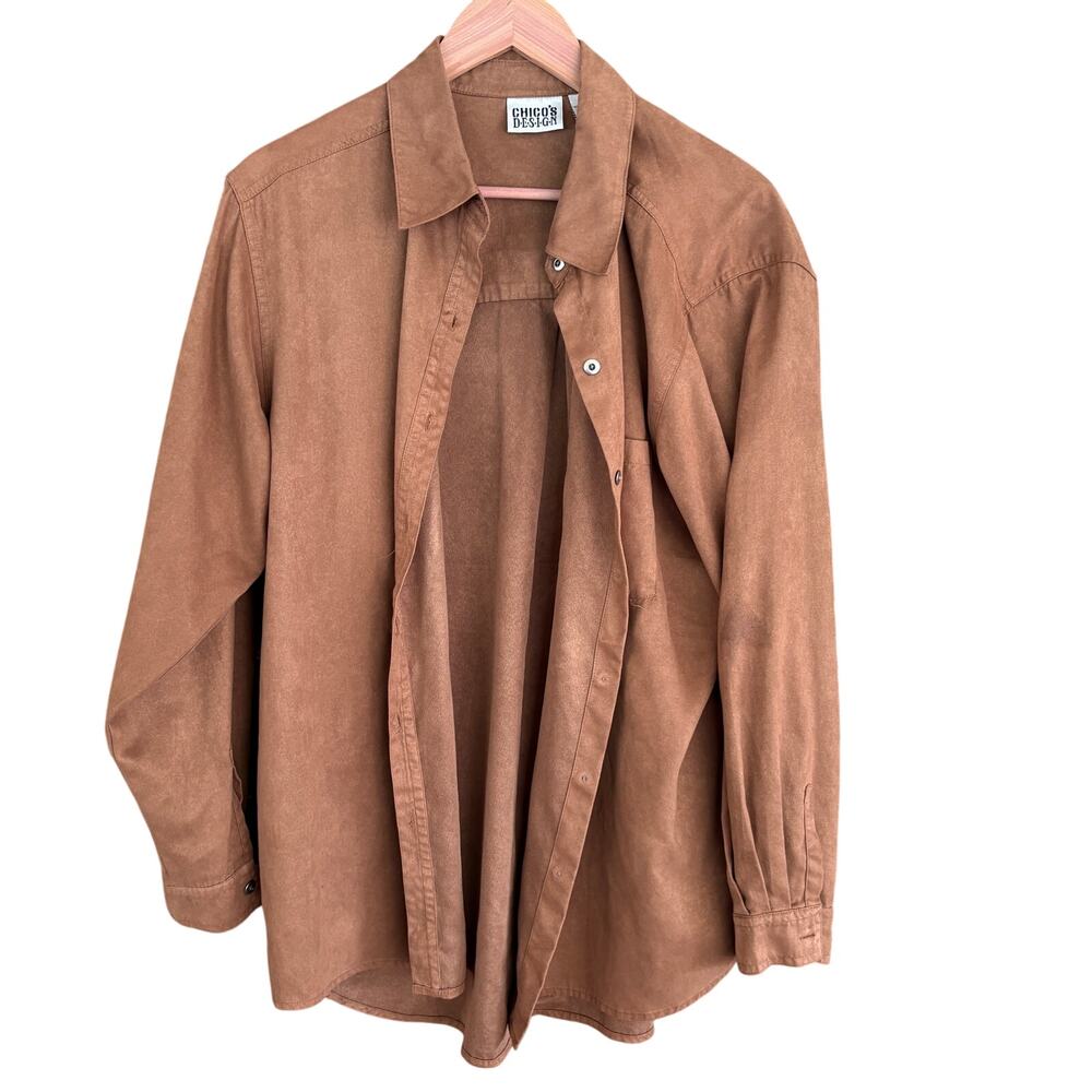 Chicos Vegan Suede Button Up Shirt L 3 Tan Brown Western Top Blouse Vintage